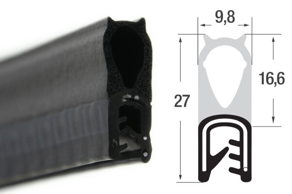 DO23 - Perfil protector de bordes EPDM con junta superior de goma - rango de sujeción 1,5-3,5 mm