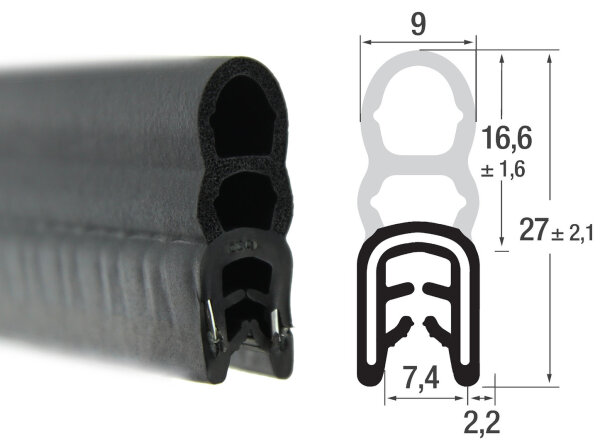 DO24 - 50 metrów - Profil ochronny krawędzi EPDM z górną uszczelką gumową - zakres zacisku 3-4 mm
