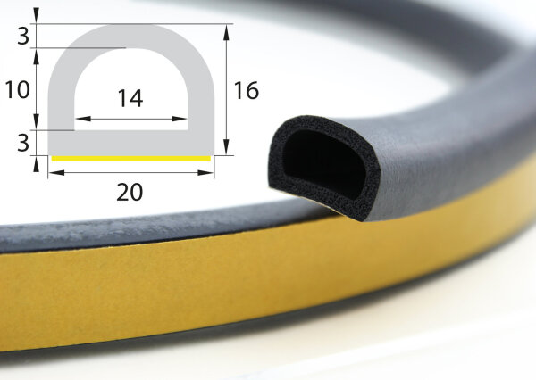 DP1 EPDM Moosgummi D - Profil 16x20 mm selbstklebend (als Montagehilfe) Gummidichtung Türdichtung