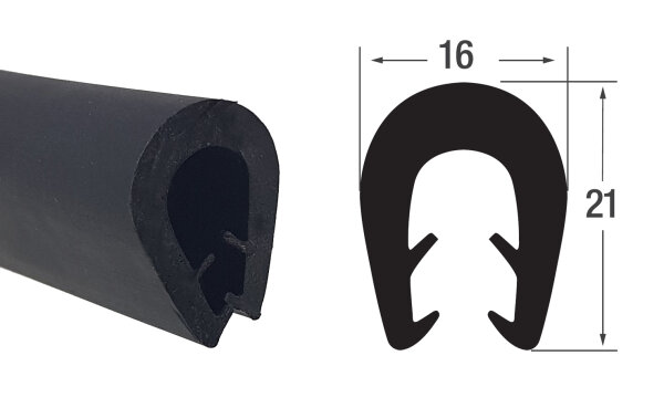 KS-TPE5-8S Kantenschutzprofil schwarz TPE Klemmbereich 5-8 mm Maße 21x16 mm