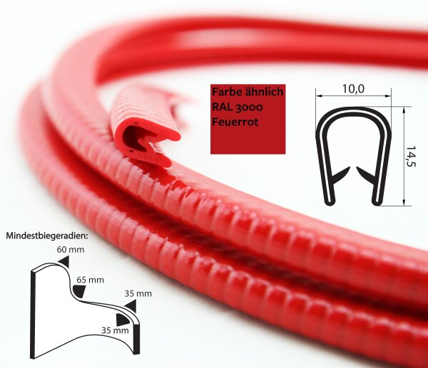 KS1-4RG Kantenschutzprofil Rot glänzend ähnlich RAL 3000 Klemmbereich 1-4 mm Maße 14,5x10 mm