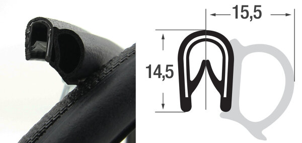 DS12 - PVC/EPDM kantbeschermingsprofiel rubber afdichting zijdelings - klembereik 1-4 mm