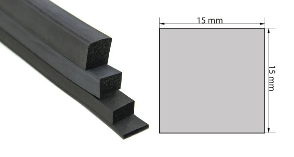 VKP15x15 Caucho esponjoso EPDM - Perfil cuadrado 15x15 mm, perfil de goma, cuadrado