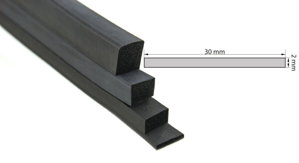 VKP2x30 (Pack of 50 Metres) EPDM Sponge Rubber - Square Profile 2x30 mm Rubber Profile, Profile Gum