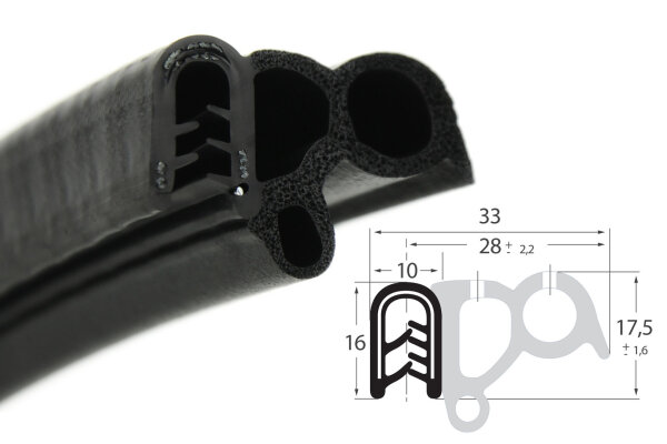 DS36 - Profil de protection des bords PVC/EPDM avec joint caoutchouc latéral - plage de serrage 2 - 5 mm