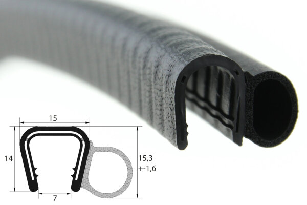 DS42 - Perfil de protección de bordes PVC/EPDM con junta de caucho lateral - rango de sujeción 6 - 8 mm