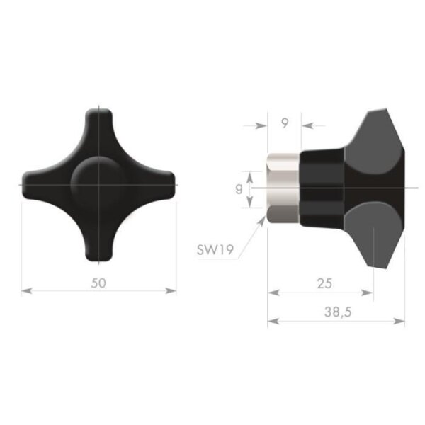 4SG50-IG8 manopola a stella in plastica quattro punte diametro 50 mm impugnatura dado con filetto M8 ottone nichelato