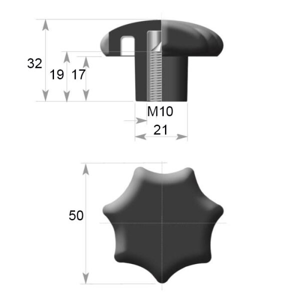 7SG50-IG10 seven-arm plastic star knob dia. 50 mm handle nut with M10 thread brass handwheel