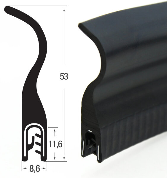 DF13 - Profil de protection de bord EPDM avec lèvre détanchéité - plage de serrage 2-3 mm