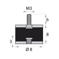 GP2-08-08-AG/IG-M3 x 6/3 Gummi-Metall-Puffer Gummipuffer...
