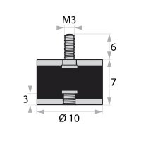 GP2-10-07-AG/IG-M3 x 6/3 Gummi-Metall-Puffer Gummipuffer...