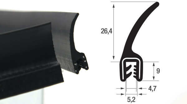 DF7 - Profil de protection de bord EPDM avec lèvre détanchéité - plage de serrage 1,5-3 mm
